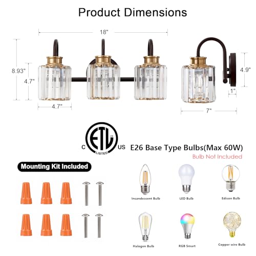 Image of ORB Bathroom Light Fixtures with K9 Crystal Lampshade Bathroom Lighting Over Mirror Vanity Lights for Living Room,Bedroom,Restroom,Hallway 3 Lights
