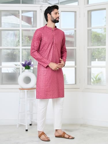 Image of See Designs Men's Full Sleeve Mandarin Collar Sequins Embroidered Straight Long Kurta - Festive Collection