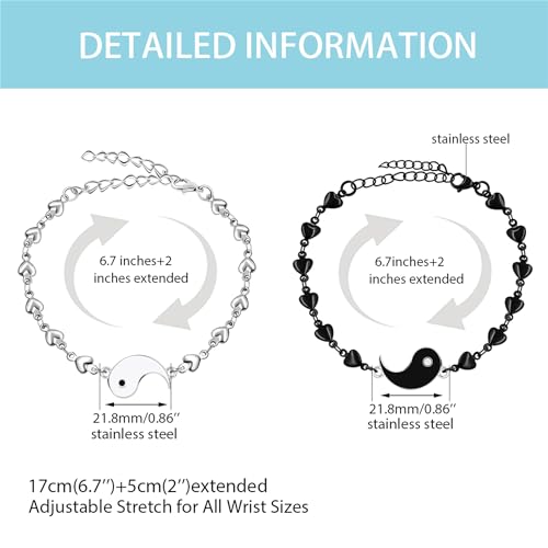 Image of 2 Couple Bracelets for men women, Love /Koi Fish /Gossip Jigsaw Puzzle Stainless Steel Heart-shaped Chain Adjustable Bracelet for Boyfriend Girlfriend Valentine's Day Gift Jewelry