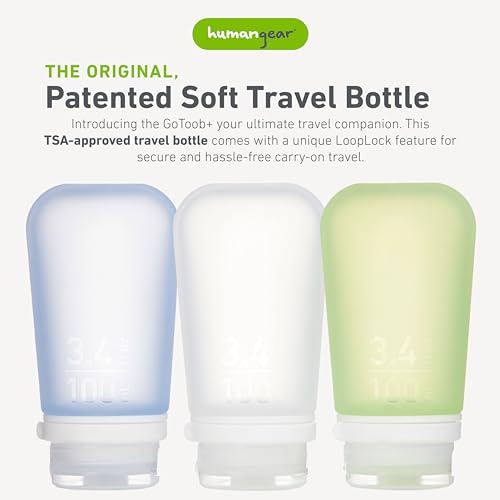 humangear gotoob 3-pack large  refillable silicone travel bottle  locking lid  food-safe material cleargreenblue large 34 floz 100ml