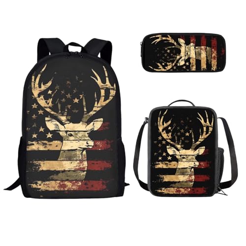 FKELYI American Flag Deer Backpack for Boys Kids 12-14 Large Capacity 17 Inch Schoolbag for Study Travel 3 Piece Bookbag Set with Lunch Box and Pencil Box