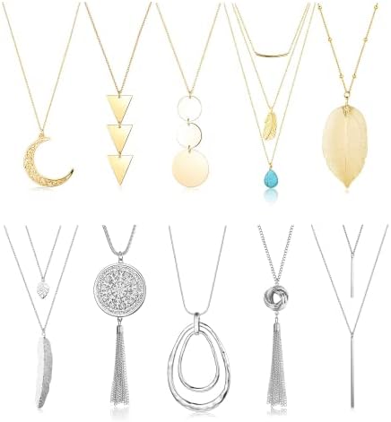 Dochais 10 pcs Long Pendant Necklaces for Women Girls, Disk Circle Tassel Knot Bar Multilayer Necklace Strands Y Leaf Feather Sweater Chain Statement Necklace Set Silver Gold
