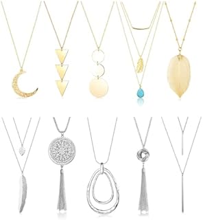 Dochais 10 pcs Long Pendant Necklaces for Women Girls, Disk Circle Tassel Knot Bar Multilayer Necklace Strands Y Leaf Feather Sweater Chain Statement Necklace Set Silver Gold