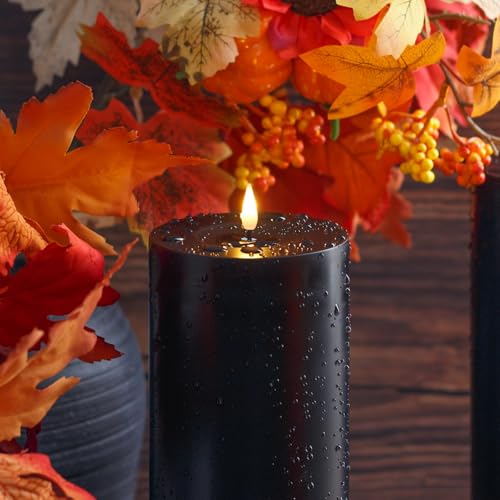 Image of Waterproof 4 inch x 12 inch Flameless LED Remote Candles, Battery Operated Flickering Fake Timer Pack of 2 Tall Large Plastic Black Pillar Lasting 420 Hrs Outdoor Candles for Halloween Festival