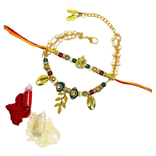 NiLy Craft Designer Couple Rakhi Set for Bhaiya Bhabhi with Ganpatiji Kodi & Leaf Charm | Premium Rakhi Combo with Diamond Ring & Real Kundan Ball and Glass beads | Raksha Bandhan Gift with Roli