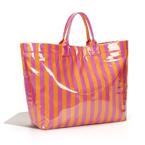 Image of Lushandy Striped PVC Tote Bag for Women, Waterproof Plastic Tote Bag for Beach Pool Large Top Handle Travel Hobo Handbag | Waterproof Material