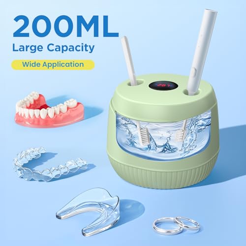 Image of Dental Ultrasonic Retainer Cleaner Machine: 45kHz Dental Cleaning Pod with Digital Timer & 200ML, Cleaning for Dentures, Mouth Guards, Aligners, Night Guards, Braces, Toothbrush Heads & Jewelry, Green