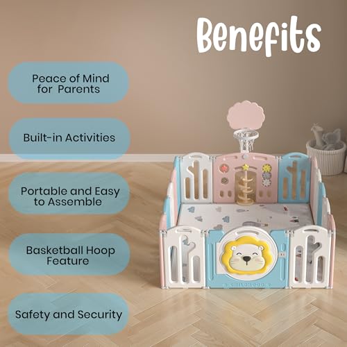 Image of 46 Sq Ft Extra Large Baby Playpen | Lion-Themed 20-Panel Play Yard with Soft Mat & Basketball Hoop | Indoor /Outdoor Toddler Fence | Blue-Pink-White | ISO & CE Certified