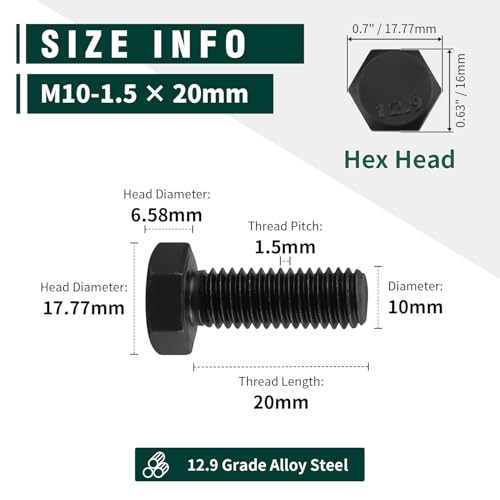 Image of M10-1.5 x 20mm Hex Bolts, 12.9 Grade Alloy Steel, Black Oxide Finish, Full Thread, Coarse Thread UNC, Hexagon Head Bolts 10 PCS