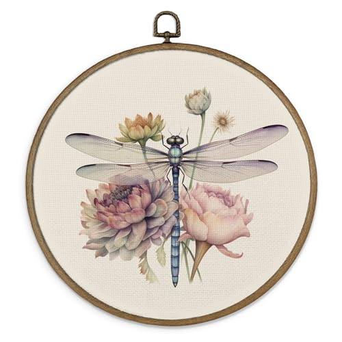 MAQIKA Dragonfly Flower Framed Wall Art Decor, Dragonfly Wall Art, Boho Botanical Round Wall Hanging Decor, Vintage Dragonflies Canvas Prints Wall Art for Farmhouse Wall Sculptures Bedroom,10x10 Inch