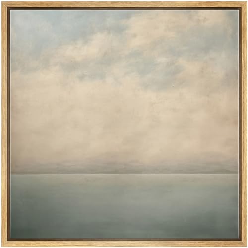 SIGNWIN Framed Canvas Print Wall Art Serene Ocean Horizon Soft Blue and Beige Coastal Landscape with Clouds Illustrations Decorative Boho Relax/Zen for Living Room, Bedroom, Office - 24"" x24 Natural