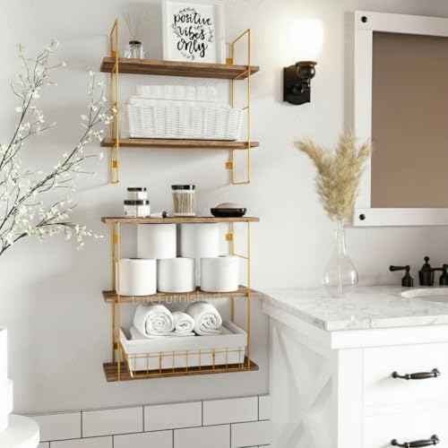 Image of DIY Floating Wall Shelves for Living Room Wall Mounted, Kitchen, Bathroom accsessories & Kidsroom | Wooden & White Shelf for Home Office Books, Plants - Golden Frame