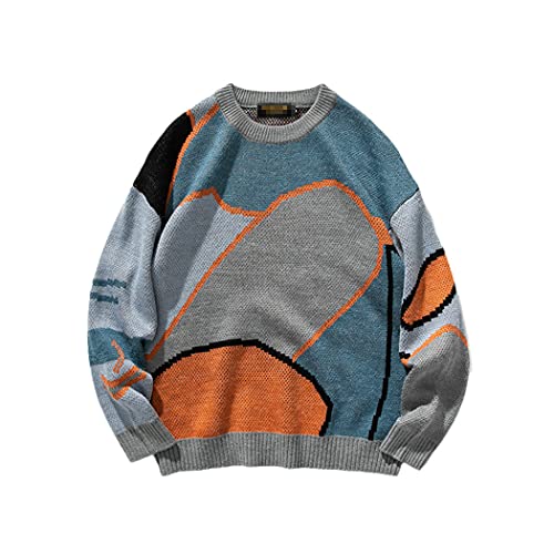 LIOPJH Los hombres de dibujos animados Patcchwork Invierno Lana Suéter Pullover O-Cuello Suéter de punto Coreano Casual Ropa, gris, M