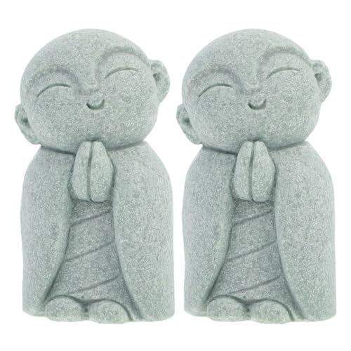 Kichvoe 2 Stück Lächelnde Buddha-Statue Aus Sandstein Meditationsmönchstatue Japanischer Buddha Figur Garten Zen-Feng-Shui-Dekor Mini-Ornamente Für Aquarium Teich Heimgarten
