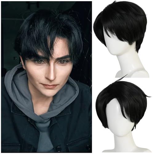 IEBIYO Back Anime Wig Men Short Layered Black Cosplay Wig Boys Heat Resistant Synthetic Hair for Halloween Party Costume
