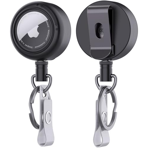 DDJ 1Pack Case for AirTag (Generation 1 & 2) Security Clip Keychain - 28 inch/70 cm Telescopic Rope, with ID Card Badge Reel, for Backpacks, Clothing, Suitcases, for Work and Outdoor Activities, Black