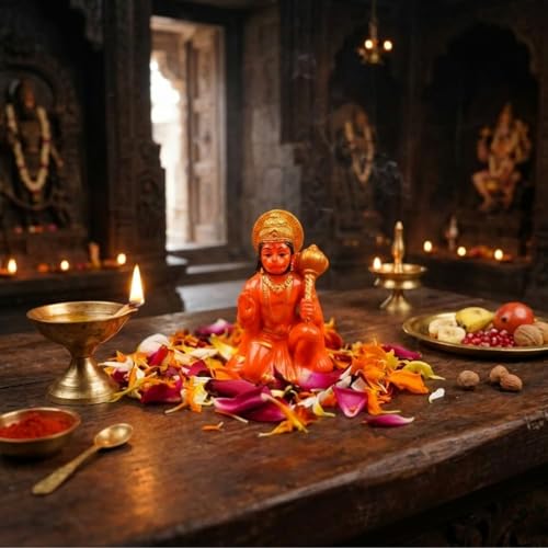 Image of Orange Hanuman Ji Murti Blessing Hanuman Idol Sitting Bajrangbali Balaji Sankat Mochan Bhagwan Statue with Gada for Temple Mandir Car Dashboard Home Decor Resin Hanuman Statue 3.1 Inches