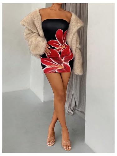 GORGLITTER Vestido tubinho feminino floral colado ao corpo, sem alças, floral, bandeau, verão, mini