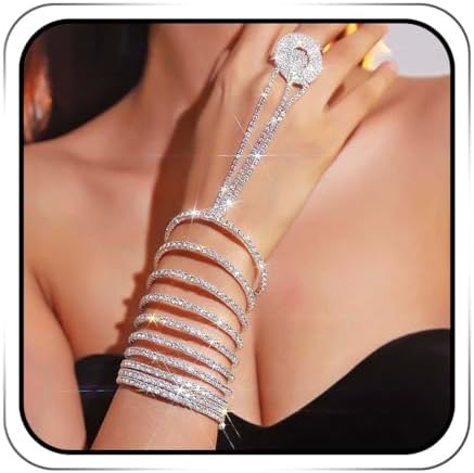 EARENT Rhinestone Layered Bridal Ring Chain Bracelet Silver Spark...