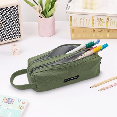 X SIM FITNESSX Estuche de tela Oxford, grande, doble cremallera, estuche con asa, impermeable, organizador de escritorio para escuela y oficina, verde, Sencillo - imagen 2