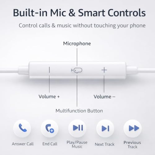 Image of Mizi USB-C Wired Earphones with Microphone & Volume Control, USB Type-C Earbuds Compatible with iPhone 17 /16 /15 Pro Max /Plus /Air, iPad Pro /Air, Galaxy S27 /S26 /S25 /S24 /S23 /S22 /S21 - White