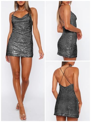 Image of MIYIEONZ Women's Sequin Sparkly Glitter Dress Sexy Sleeveless Backless Spaghetti Strap Party Club Bodycon Mini Dress