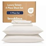 Brooklinen Luxury Sateen 4 Piece Sheet Set - 100% Cotton Bed Sheets, Soft & Durable Queen Size Sheets Set in Cream, Oeko-TEX Certified Bedding Set, 1 Fitted Sheet, 1 Flat Sheet, 2 Pillowcases