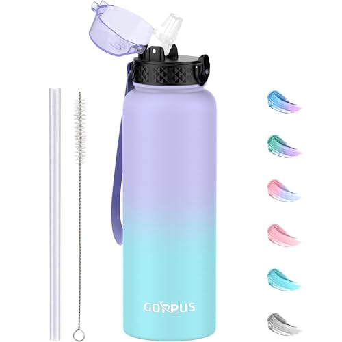 GOPPUS 1.2L/40oz Edelstahl Wasserflasche mit Strohhalm 1.2 Liter Heiße Thermosflasche Doppelwandige Stahl Wasserflaschen Isolierte Wasserflaschen Auslaufsichere Kalte Wasserflasche Erwachsene Flip Top
