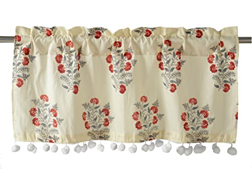 Image of Ravaiyaa Hand Printed Half Window Kitchen Curtain 100% Cotton Short Drapery Valance Curtain 40 inch X 18 inch Inch (Beige Brown Floral, Washable, Pack of 1) Semi Sheer, Rod Pocket Curtains