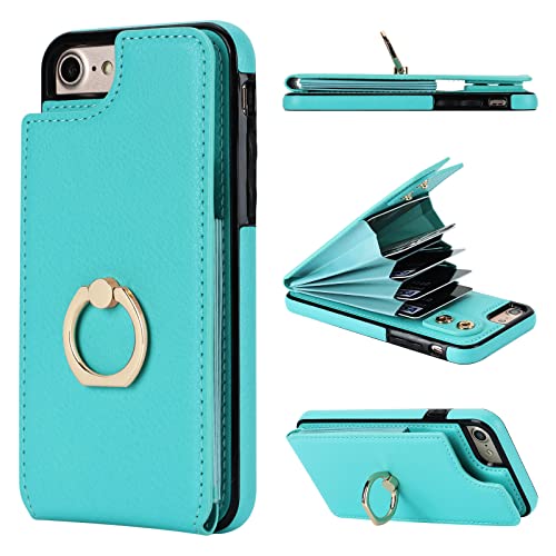 Folosu for iPhone SE(2022) iPhone SE(2020) iPhone 7/8 Wallet Case with Card Holder, 360°Rotation Ring Holder Kickstand Protective RFID Blocking PU Leather Flip Shockproof Cover 4.7 Inch Mint Green