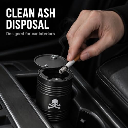 Image of Car Ashtray with Lid Smell Proof Ash Tray, Portable ashtray for car cup holder (Black, Skull Pattern)