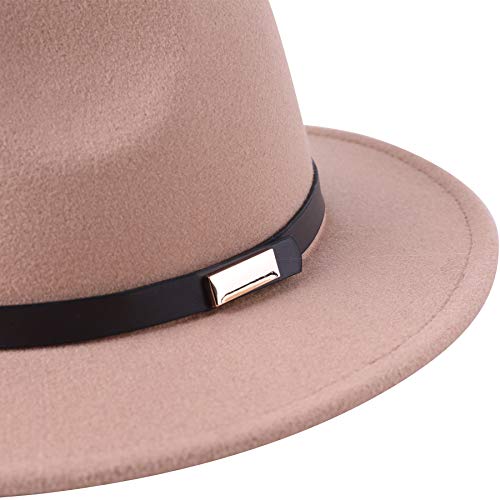 Lanzom Women Lady Retro Wide Brim Floppy Panama Hat Belt Buckle Wool Fedora Hat Fit Size 6 8/7-7 1/4(01-Camel, One Size) #TOP2