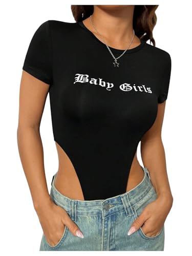 SweatyRocks Women's Letter Graphic Short Sleeve Bodysuits High Cut Thong Bodysuit Sexy Going Out Tops Black Small