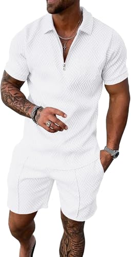 Mens Short Sets 2 Piece Outfits Summer Fashion Quarter Zip Polo & Athletic Shorts Retro Textured Vacation Tracksuit
