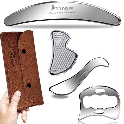 Image of BYYDDIY 4 in 1 304Stainless Steel Muscle Scraper Tool Kit,Scraping Massage Tools for Physical Therapy,Derma Edge Massage Tool & GuaSha Massage Scraper Tool