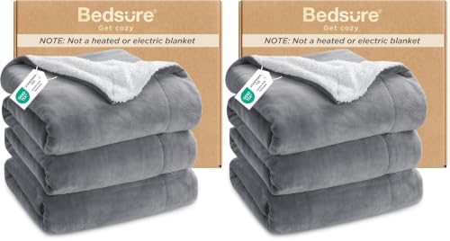 Image of Bedsure GentleSoft Sherpa Fleece Queen Blankets for Bed, Non-Heated, Thick and Warm Throw for Women and Men, Soft Fuzzy Plush Queen Blanket for Winter, Grey, 90x90 Inches (Pack of 2)