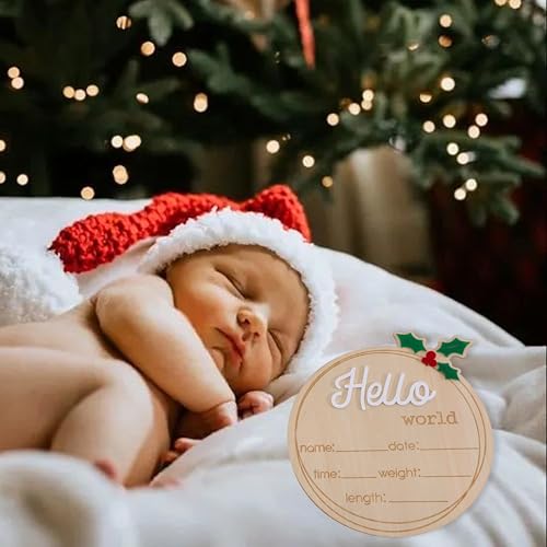 Image of Wooden inchHello World inch Baby Announcement Board - Newborn Birth Sign, Baby Shower Decor, Hospital Nursery Information Board, Baby Milestone Photo Prop, Gender Neutral Keepsake (Holly Berries Christmas)