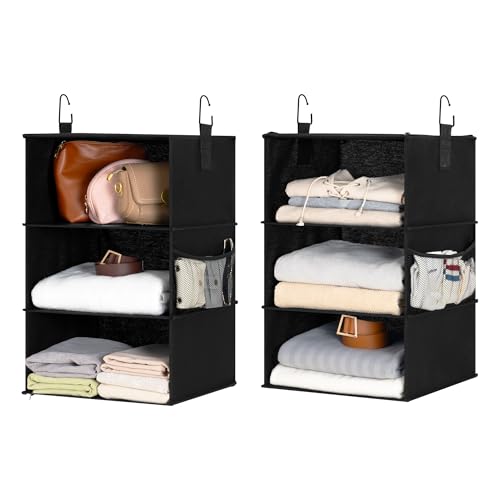 StorageWorks Hanging Closet Organizer 6-Shelf, Jumbo Separable Two 3 Shelf Closet Storage Organizer with Side Pockets, Portable Hanging Shelves for Wardrobe, RVs, 13" D x 15" W x 48 ¼"H, Black