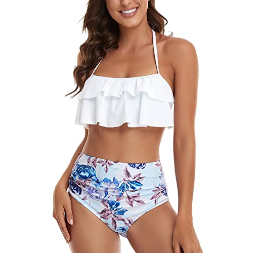 Maillot de bain tankini deux pièces blanc à volants pour vacances au soleil