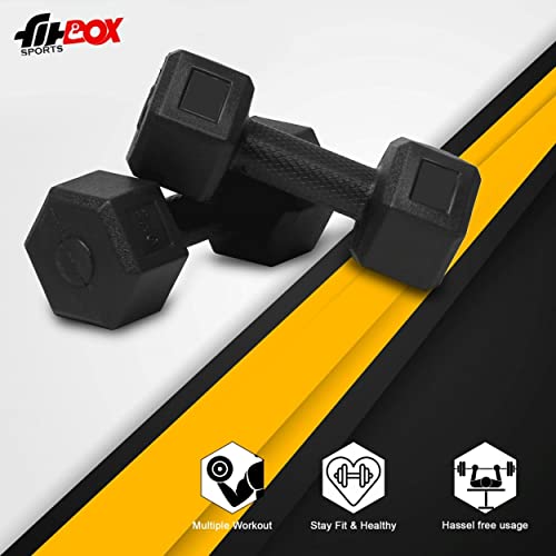 Image of FitBox Sports 6kg Exlusive Octa PVC Fixed Dumbbells (3kg x 2) Black & FitBox Sports Intruder 5 Kg Kettlebell Strength and Cardio Training Weights (Black)