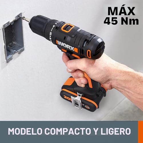 Miniatura 3 de Worx Wx108 Taladro Atornillador 20v Powershare, 2 Baterías 2ah, Cargador Y Maletín, Portabrocas 13mm, 45nm, Luz Led Y Punta De Atornillar Doble