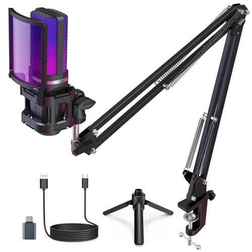 zealsound Gaming micrófonos USB, micrófono Condensador RGB, micrófono PC, Soporte con Brazo, cardioide, Silencio, Youtube/Zoom, transmisión en Vivo, en línea, Android/Windows/macOS/para PS 4&5