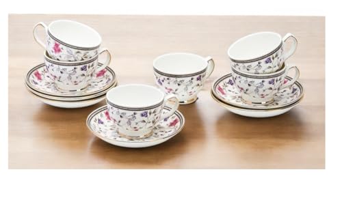 Image of Fine Bone China Multi Flower Cups and Saucer with Golden Line, 180 ml Tea Cup Set of 6 Cup and Saucer Set for Tea Milk Coffee Chai, Teacup Set