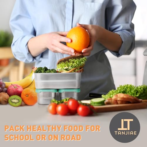 Image of Tanjiae 3 CUP+1 CUP Stainless Steel Lunch Snack Containers Set | Leak Proof 304 Stainless Steel Food Containers with Silicone Lids - Perfect Metal Lunch Box for Home and Travel (25oz+8oz*2)