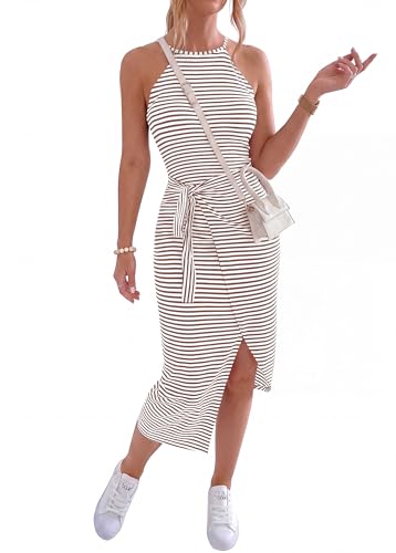 Image of NOLLSOM Women Casual Sleeveless Striped Tank Midi Dresses Halter Neck Ruched Bodycon Dresses Tie Waist T Shirt Summer Dress