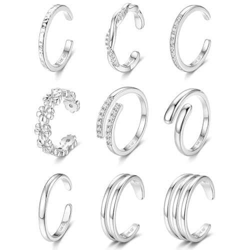 ORAZIO Silver Plated Toe Rings for Women Non Tarnish Adjustable Open Band Toe Rings Set Dainty Flower CZ Waterproof Summer Beach Foot Jewelry Set for Women Vacation Gifts B