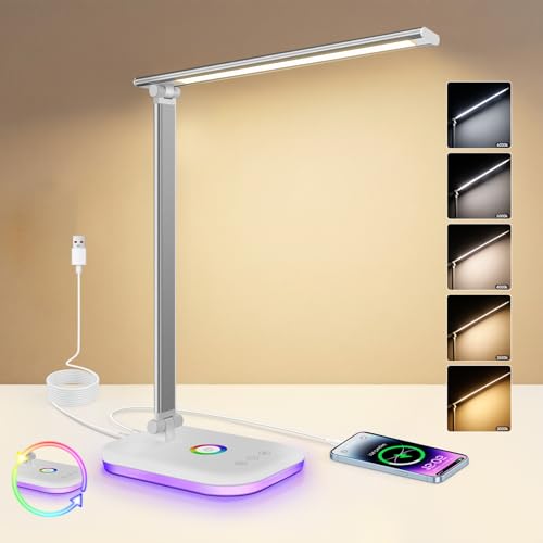Image of 10W LED Desk Lamp with RGB Night Light, 5 Colors Stepless Dimming Table Lamp with USB Charging Port, Touch Control, Memory Function, Bedside Mood Light, for office work, study, and reading, White