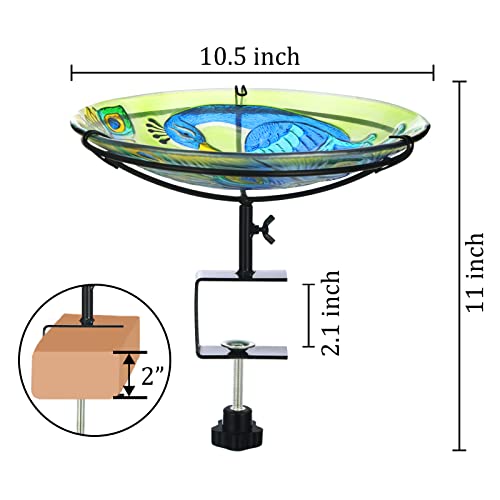 Lewis&Wayne Deck Mounted Glass Bird Baths For Outdoors, 10.5 Inch Bird Feeder Bowl For Garden Patio Yard Balcony Fence Railing- Peacock Design #TOP2