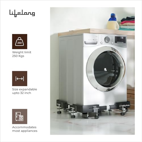 Image of Lifelong Washing Machine Stand - Adjustable Metal Kitchen Trolley with Wheels for Home with 8 Anti Vibration Rubber Grips - Up to 250Kg - Suitable for Fridge, Dishwasher & Air Cooler (Black & White)