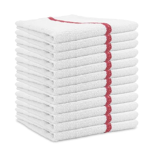 Arkwright Qwick Wick Bar Mop Towels - (Pack of 12) 100% Cotton Quick Dry Dishcloths, Super Absorbent Multipurpose Cleaning Rags for Restaurants, Kitchen, Bathroom, Hotel, 16 x 19 in, Red Stripe